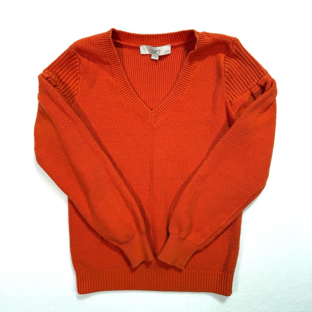 Loft Women's Honeycomb Stitch V-Neck Sweater Size XSP Petite Orange Ribbed Shirt - Picture 3 of 7